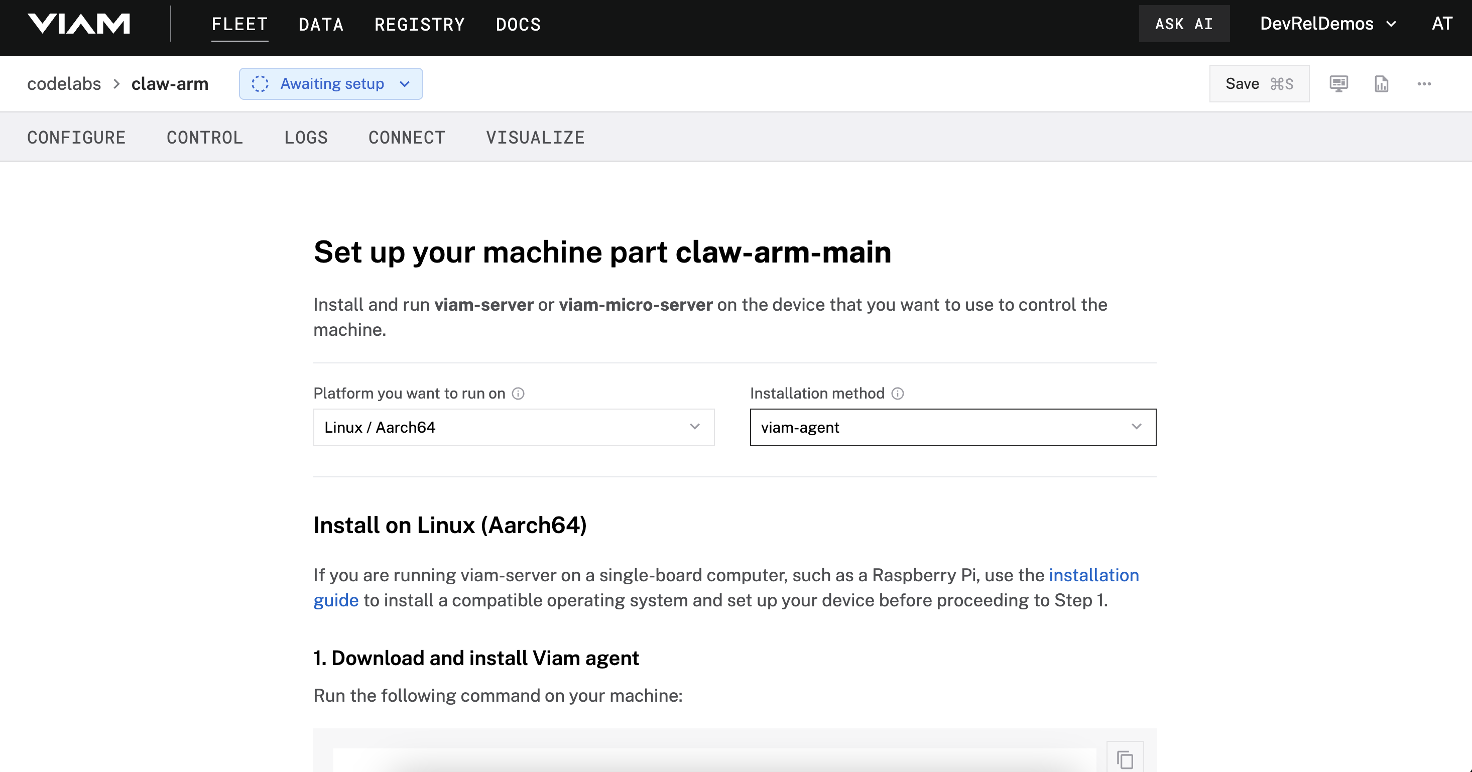 machine setup instructions in Viam app