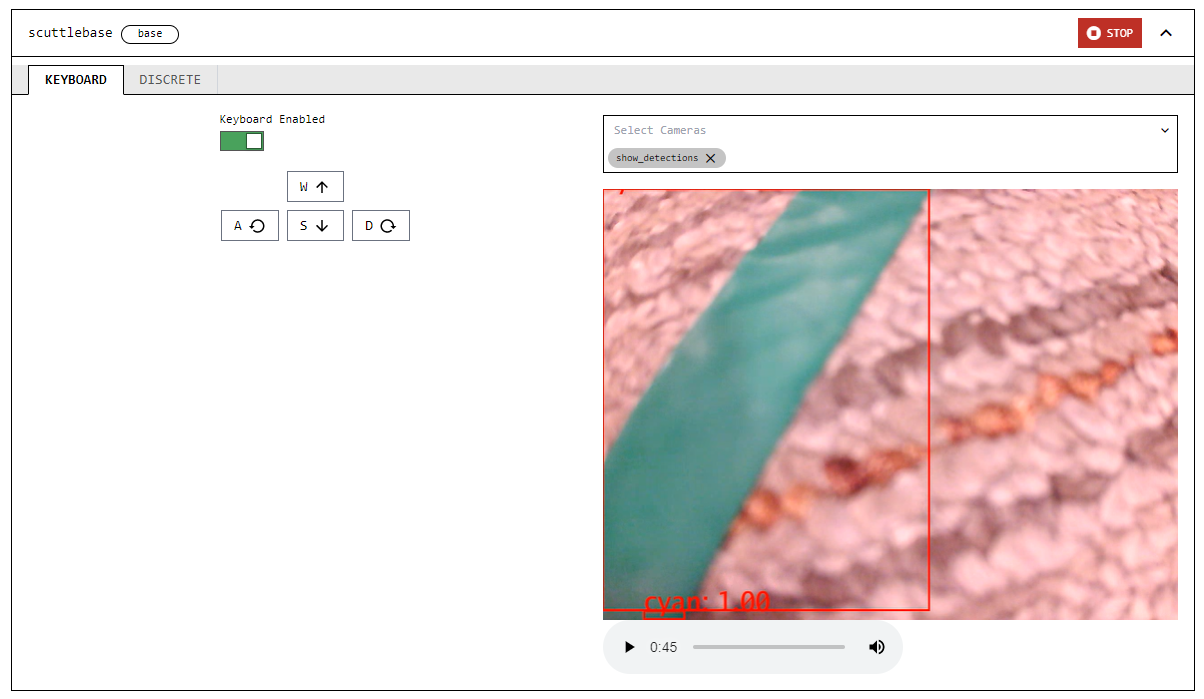 On the CONTROL tab, a green line crosses the left portion of the camera image, and a red box around it is labeled cyan.