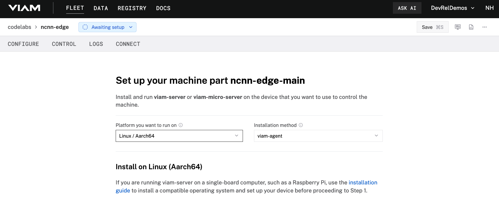 machine setup instructions in Viam app