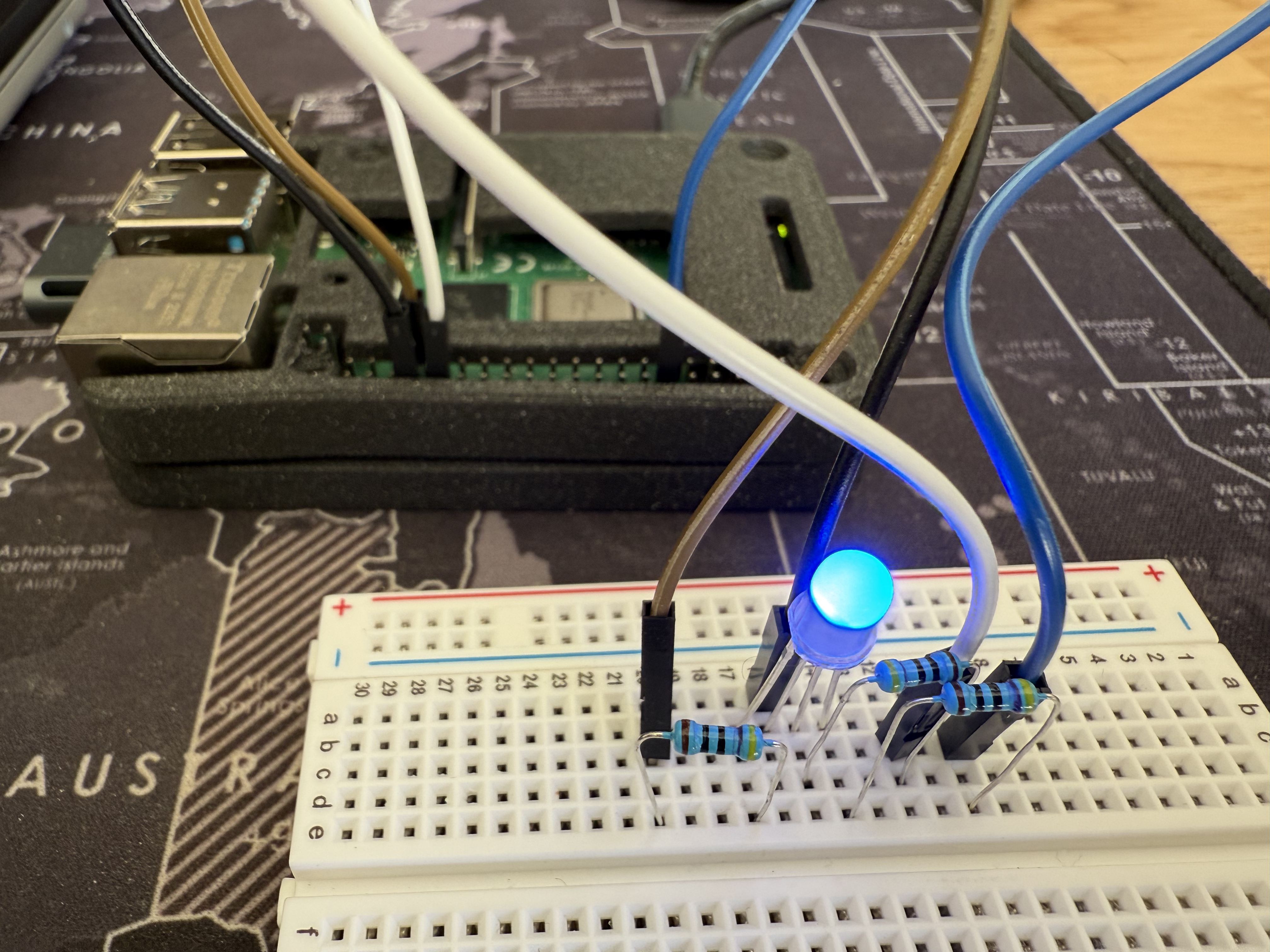 photo of LED connected to Raspberry Pi