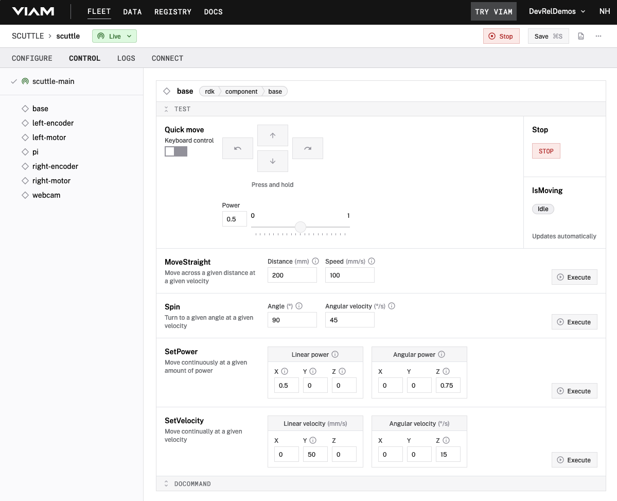 robot control tab for base component