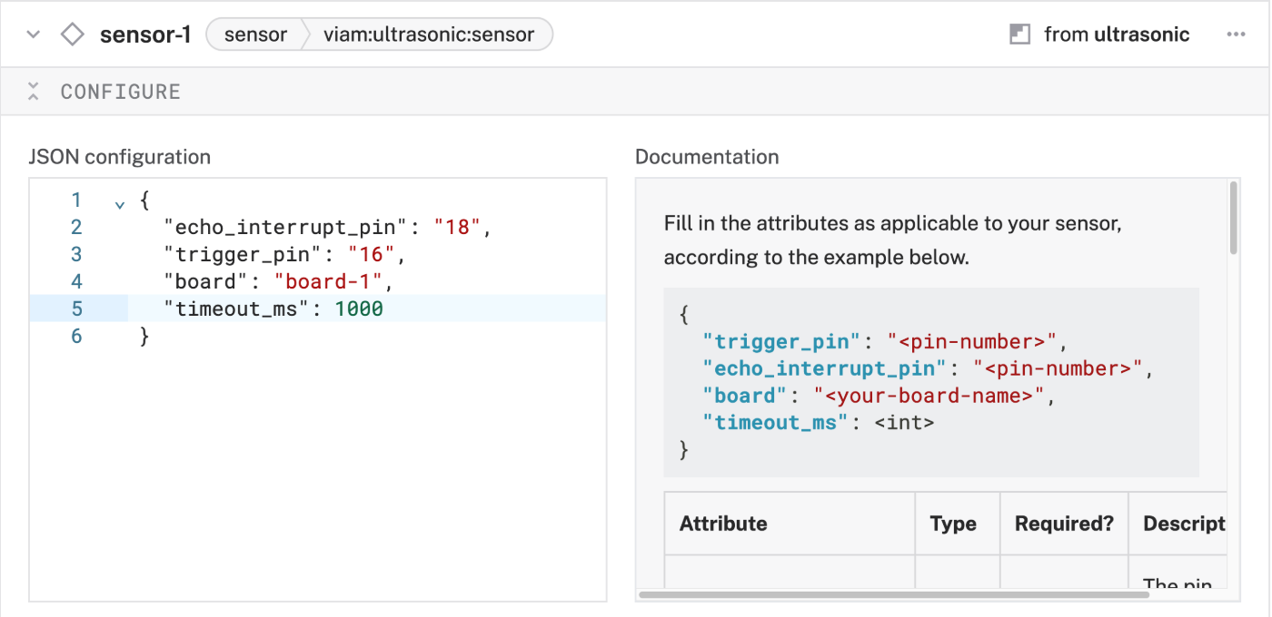 ultrasonic sensor JSON config